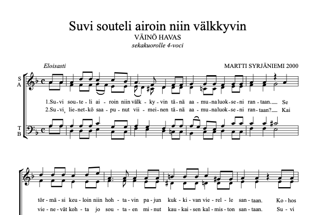 Suvi souteli airoin niin välkkyvin VÄINÖ HAVAS sekakuorolle 4-voci